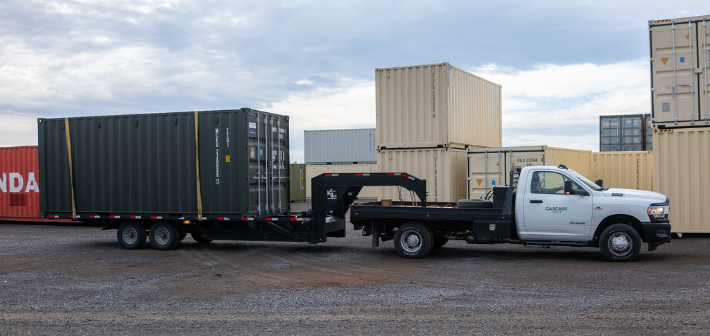 Cascade Crate Truck with 20' tilt bed trailer and 20' container